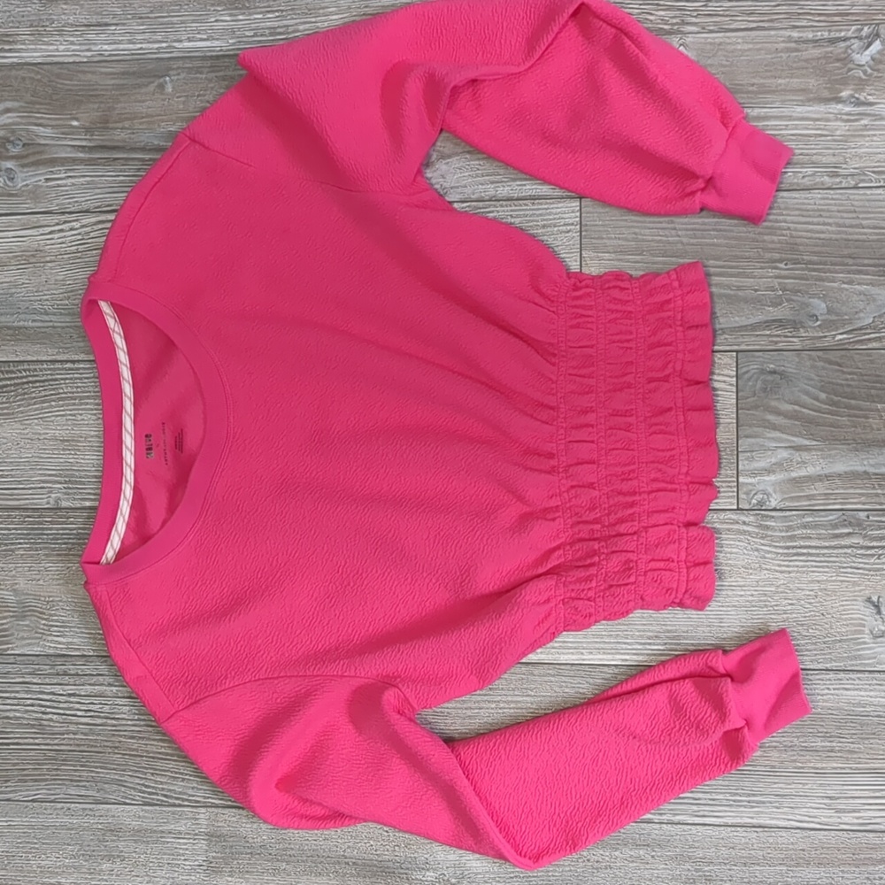 Maeve Bright Pink Cropped Smocked-Waist Crewneck Sweater